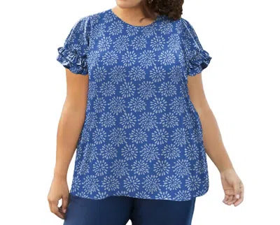On The Plus Side Short Sleeve Ruffle Blouse - Plus Size In Blue Globe Floral