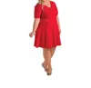 On The Plus Side Short Sleeve V-neck Ponte Fit And Flare Dress - Plus Size In Bright Red In White