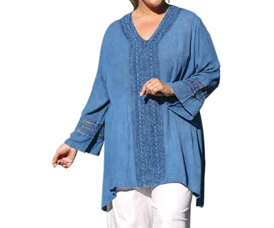 On The Plus Side Tatum Crochet Cotton Wide Sleeve V-neck Tunic - Plus In Indigo In Blue
