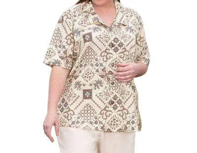 On The Plus Side Trinity Print Short Sleeve Button Up Shirt - Plus In Kaliope In Beige