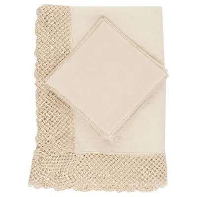 Pre-owned Once Milano Linen Set Of Tablecloth And 16 Napkins With Macramè By  In Sand