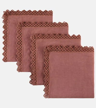Once Milano Set Of 4 Macramé Linen Napkins In Pink