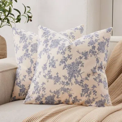 One 100% Cotton French Pastoral Throw Pillow Covers Set Of 2, 18x18 Inch Blue Farmhouse Decorative Cushi