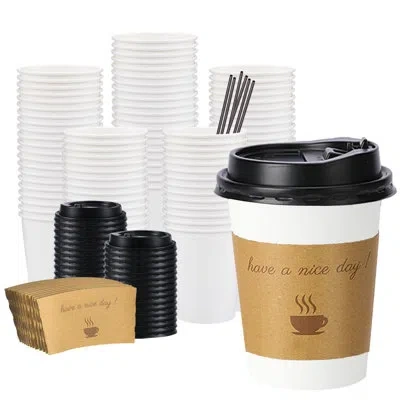 One 100 Pack 12 oz Disposable Thickened Coffee Cups With Lids, Scald Resistant Hot Cup With Sleeve And S In White