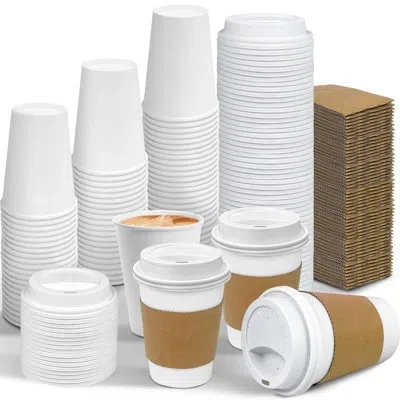One 100 Pack 12 oz Leak-proof Coffee Cups With Lids And Sleeves Disposable To Go Hot Travel Paper Cups,  In White