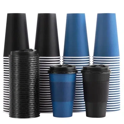 One 100 Pack 16 oz Disposable Coffee Cups With Lids And Sleeves, To Go Paper Cups, Hot & Cold Drinking C In Black And Blue