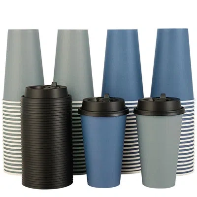 One 100 Pack 16 oz Disposable Paper Coffee Cups With Lids For Coffee, Water, Juice, Or Tea, Blue And Gra In Blue;gray
