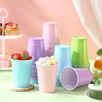One 100 Pcs 12 oz Disposable Plastic Party Cups, Rainbow Color Drinking Cups, Durable & Lightweight Reus In Pastel