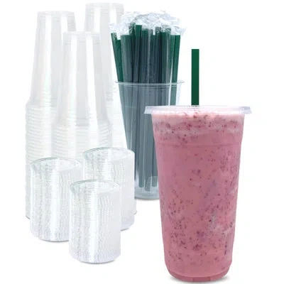 One [100 Sets] 32 oz Clear Plastic Cups With Lids And Straws, Disposable Drinking Cups For Cold Drinks,  In Transparent
