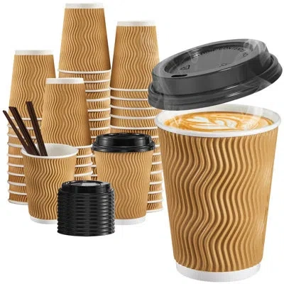 One 12 oz Coffee Cups-90 Pack Disposable Coffee Cups With Lids And Straws, Insulated Ripple Wall To Go P In Champagne