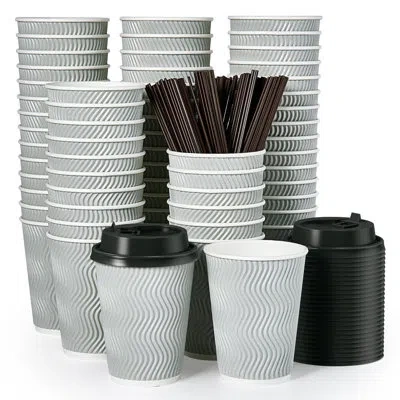 One 12 oz Disposable Coffee Cups, 100 Count Insulated Ripple To Go Cups With Lids And Straws For Tea, Ho In Silver Grey