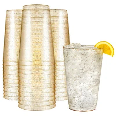 One 14 oz Gold Glitter Plastic Cups For Party - 50 Pack Gold Plastic Cups - Hard Disposable Cups - Premi