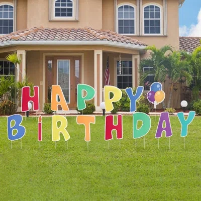 One 14 Pcs Happy Birthday Yard Signs With Stakes, 13 Inch Colorful Waterproof Corrugated Plastic Birthda In Multi