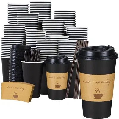 One 16 oz Coffee Cups 50 Pack, Disposable Coffee To Go Cups With Lids, Stir Sticks And Sleeves, 16 oz Bl In Black