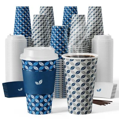 One 16 oz Coffee Cups With Lids 100 Pack, Disposable Hot Paper Coffee Cups With Lids, Sleeves And Stirre In Blue