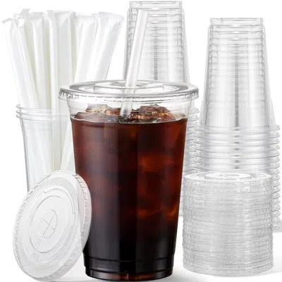 One 16 oz Plastic Cups With Lids And Straws, 50 Pack, Disposable Iced Coffee Cups With Lids, Clear Cups 