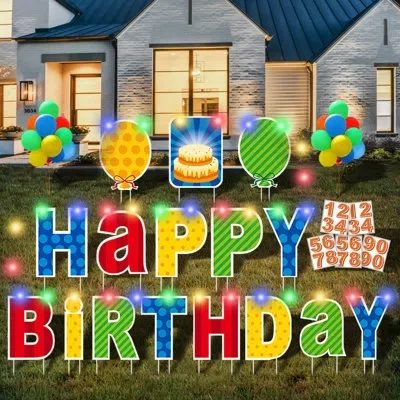 One 16 Pcs Happy Birthday Yard Sign With Stakes, Personalized Age Plastic Signs With Led Lights, 20 Numb In Multi