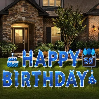 One 16 Pcs Happy Birthday Yard Signs With Stakes, 32.8 Ft Led Lights, 42 Pcs Number Stickers, 13.4 Inch  In Blue