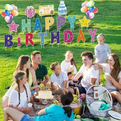 One 18 Pcs Happy Birthday Yard Sign With 32.8 Ft Led Light, 16” Large Size Happy Birthday Yard Sign With In Multi