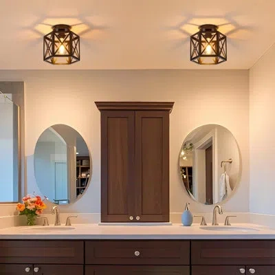 One 2 Pack Farmhouse Semi Flush Mount Ceiling Light, Industrial Black Hallway Light Fixture, Small Metal