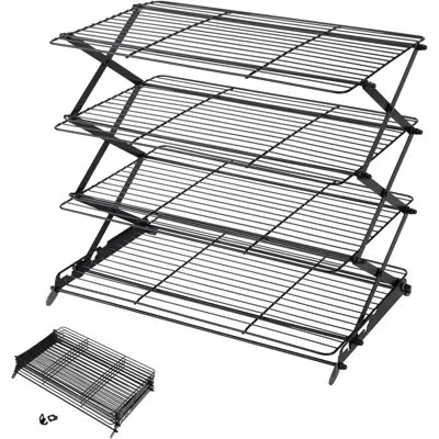 One 2/3/4-tier Upgraded Collapsible Cooling Rack With Adjustable 3 Setting Design Stackable Roasting Coo In Black