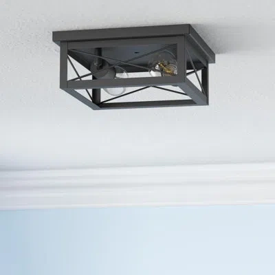 One 2-light Industrial Square Flush Mount Ceiling Light, Farmhouse Ceiling Light Fixture For Kitchen, Mo In Black