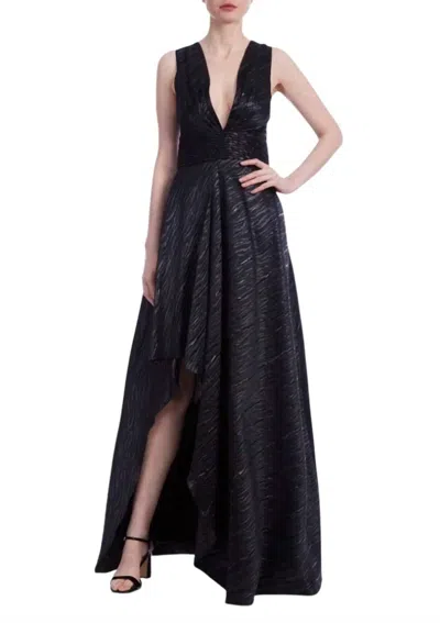One 33 Social Deep Plunge V-neck Floor-length Metallic A-line Gown In Black