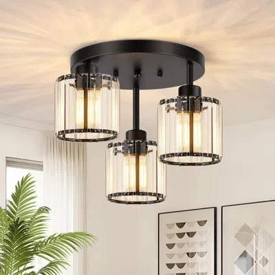 One 3-light Crystal Semi Flush Mount Ceiling Light, Black Kitchen Lighting Fixtures Ceiling, Modern Hall