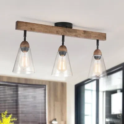 One 3-light Large Rustic Farmhouse Wood Flush Mount Ceiling Light Fixture Clear Seeded Glass Shade And O