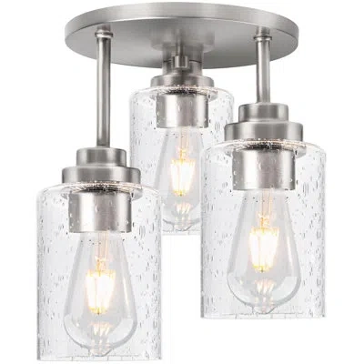 One 3-light Semi Flush Mount Ceiling Light, 9 Inch Brush Nickel Close To Ceiling Light Fixtures With See