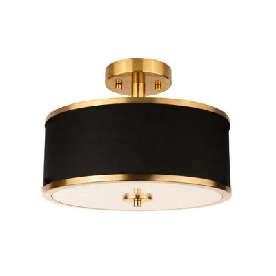 One 3-light Semi Flush Mount Ceiling Light Fixture, 12.6" Gold Drum Light With Black Fabric Shade, Moder In Brushed Gold + Black Fabric