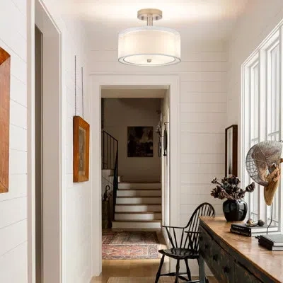 One 3-light Semi Flush Mount Ceiling Light Fixture, Drum Light With Double Fabric Shade, Modern Close To In White