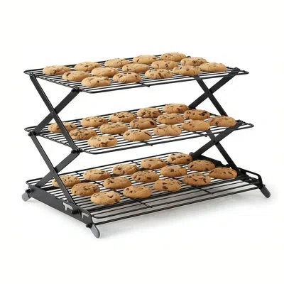 One 3-tier Collapsible Cooling Rack - Adjustable & Stackable Wire Baking Rack With Stable X-leg Design,  In Brown