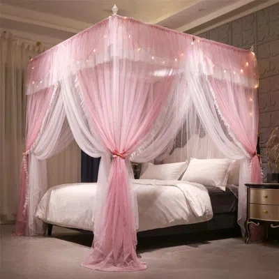 One 4 Corners Post Ruffle Princess Bed Canopy Curtain-double Layer Cozy Drape Netting 4 Opening Mosquito In Pink
