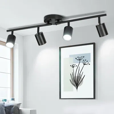 One 4 Ways Track Lighting, Rotatable Heads Tracks Light, Track Lightings Fixtures Ceiling With Foldable  In Black