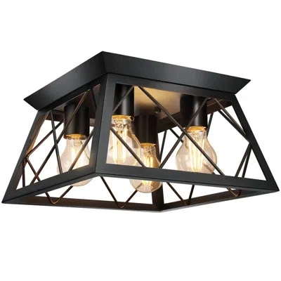 One 4-light Black Flush Mount Ceiling Light For Kitchen Hallway, Industrial Close To Ceiling Lighting, F
