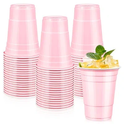 One 50 Light Pink Plastic Cups, 16 oz Disposable Cups, Drinking Cups For Birthday Party, Valentines, Bab