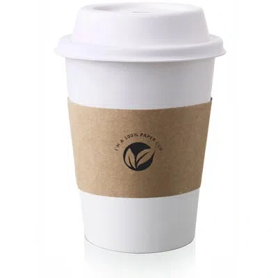 One [50 Pack] 12 oz Compostable Coffee Cups With Lids And Kraft Sleeves, Eco Friendly Disposable White P