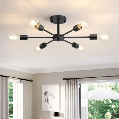 One 6-lights Semi Flush Mount Ceiling Light, Matte Black Close To Ceiling Lighting With E26 Base, Modern