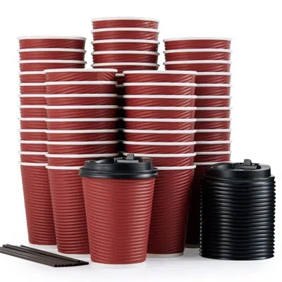 One 80 Pack Insulated Ripple Wall 12 oz Disposable Paper Cups, Three Layer Insulated Hot Paper Coffee Cu In Red
