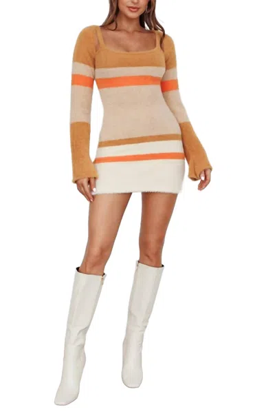 One And Only Collective Fuzzy Knit Long Sleeved Multi Stripe Mini Dress In Brown Multi