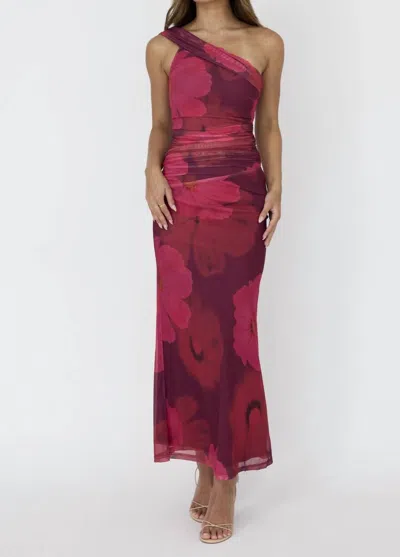 One And Only Collective Moments One Shoulder Maxi Dress In Pink Floral In Burgundy