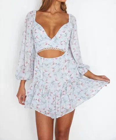 One And Only Collective The Becca Floral Balloon Sleeve Cutout Mini Dress In Blue In White