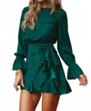 One & Only Delaney Long Sleeve Tie Mini Dress In Green In Green
