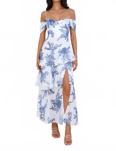 One & Only Tayla Tiered Dress In White/blue