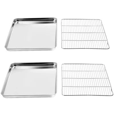 One Baking Sheet & Rack Set [2 Sheets + 2 Racks], Stainless Steel Cookie Pan With Cooling Rack, Size 16  In Silver