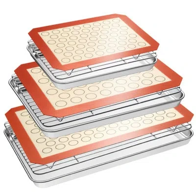 One Baking Sheet Tray Cooling Rack With Silic Baking Mat Set, Stainless Steel Cookie Pan For Oven, Se In Red