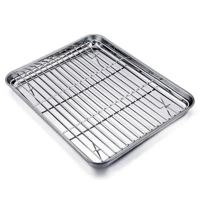 One Baking Tray And Rack Set, Stainless Steel Baking Pan Cookie Sheet With Cooling Rack, 12.5 X 9.5 X 1  In Silver