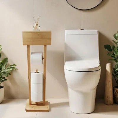 One Bamboo Toilet Paper Holder Stand With Storage Shelf Box, Freestanding Bathroom Tissue Organizer And  In Natural Bamboo