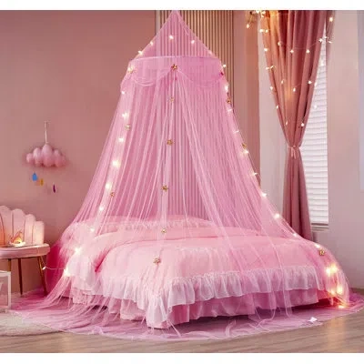 One Bed Canopy With Star Lights,princess Canopy Bed Curtains Mosquito Net With Gold Star For Room Decor In Pink